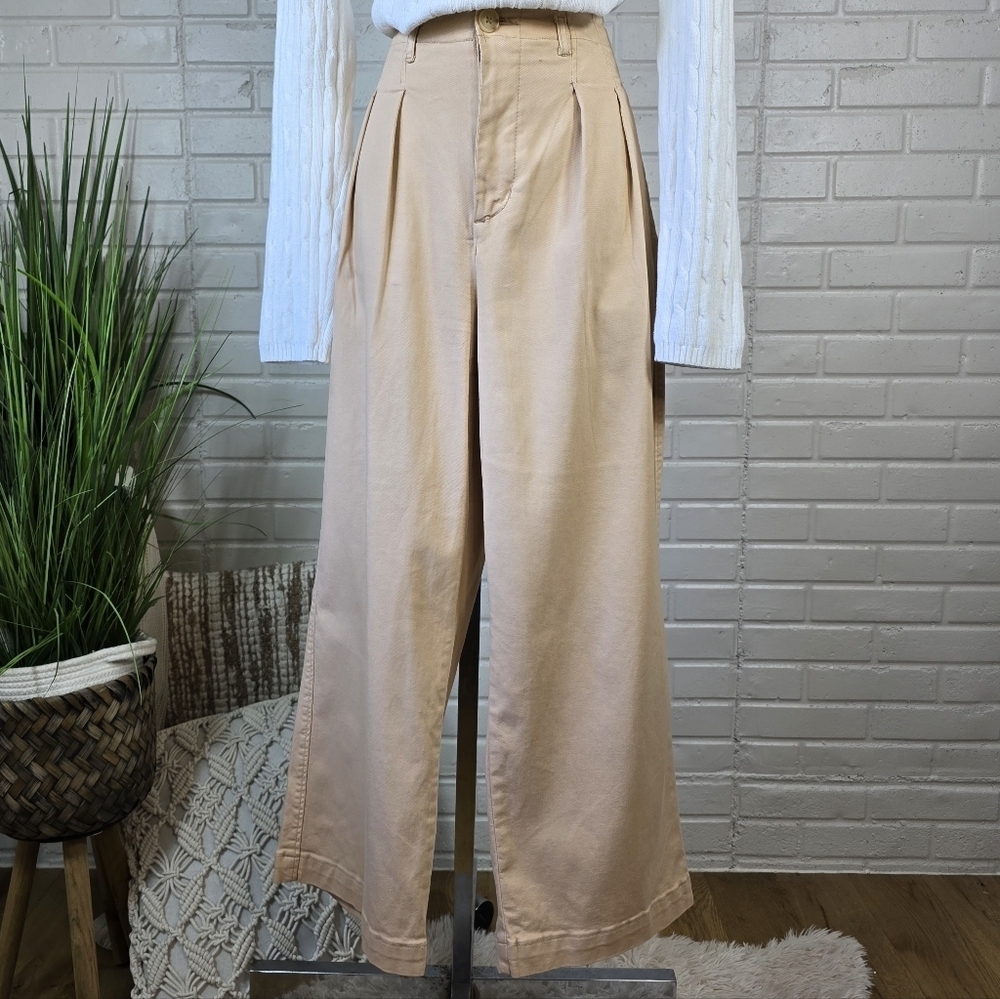 Wishlist Peach Khaki Pleated Wide Leg Cropped Trouser Jeans Medium